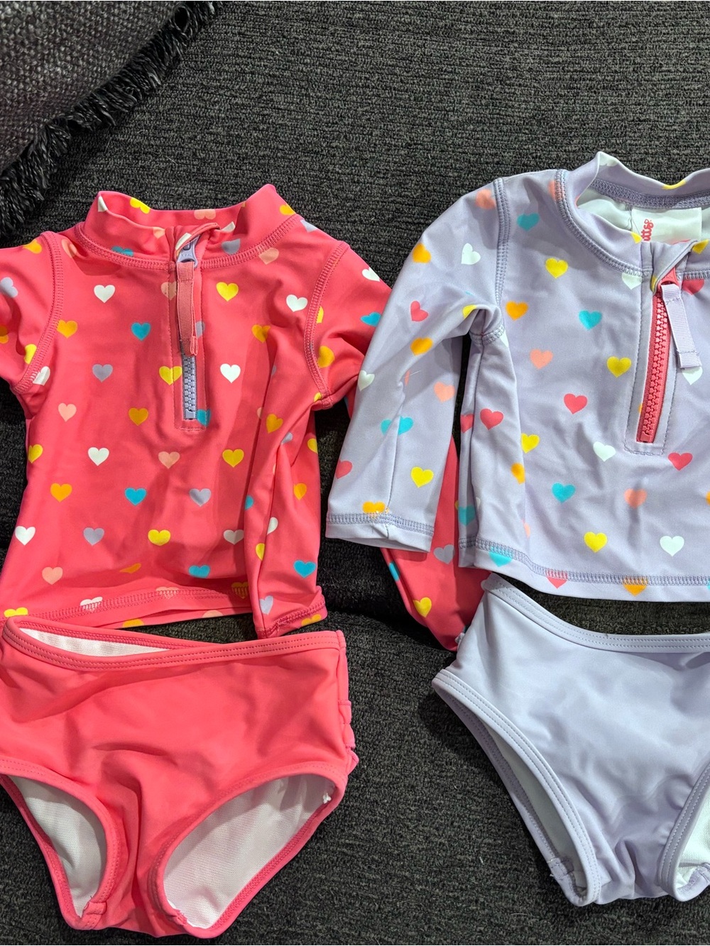 Ruffle Butts Coral Pink & Lavender Heart Print Rashguard Swim Set